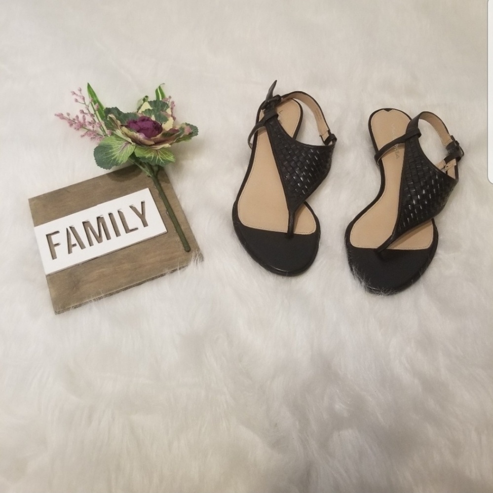 Via Spiga Black Basket Weave Leather Sandals